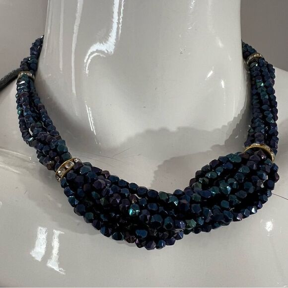 Vintage Iridescent‎ Blue Beaded Diamondesque Rope Choker Necklace - Picture 5 of 11